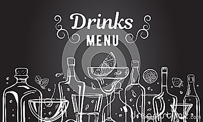 Vector outline hand drawn illustration with alcohol bottles and glasses with drinks on blackboard background Vector Illustration